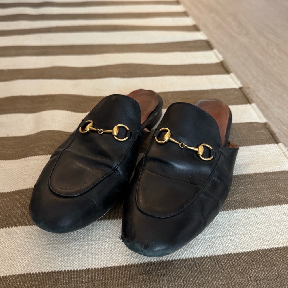 Gucci Black Leather Mules with Gold Detail - Picture 3 of 5